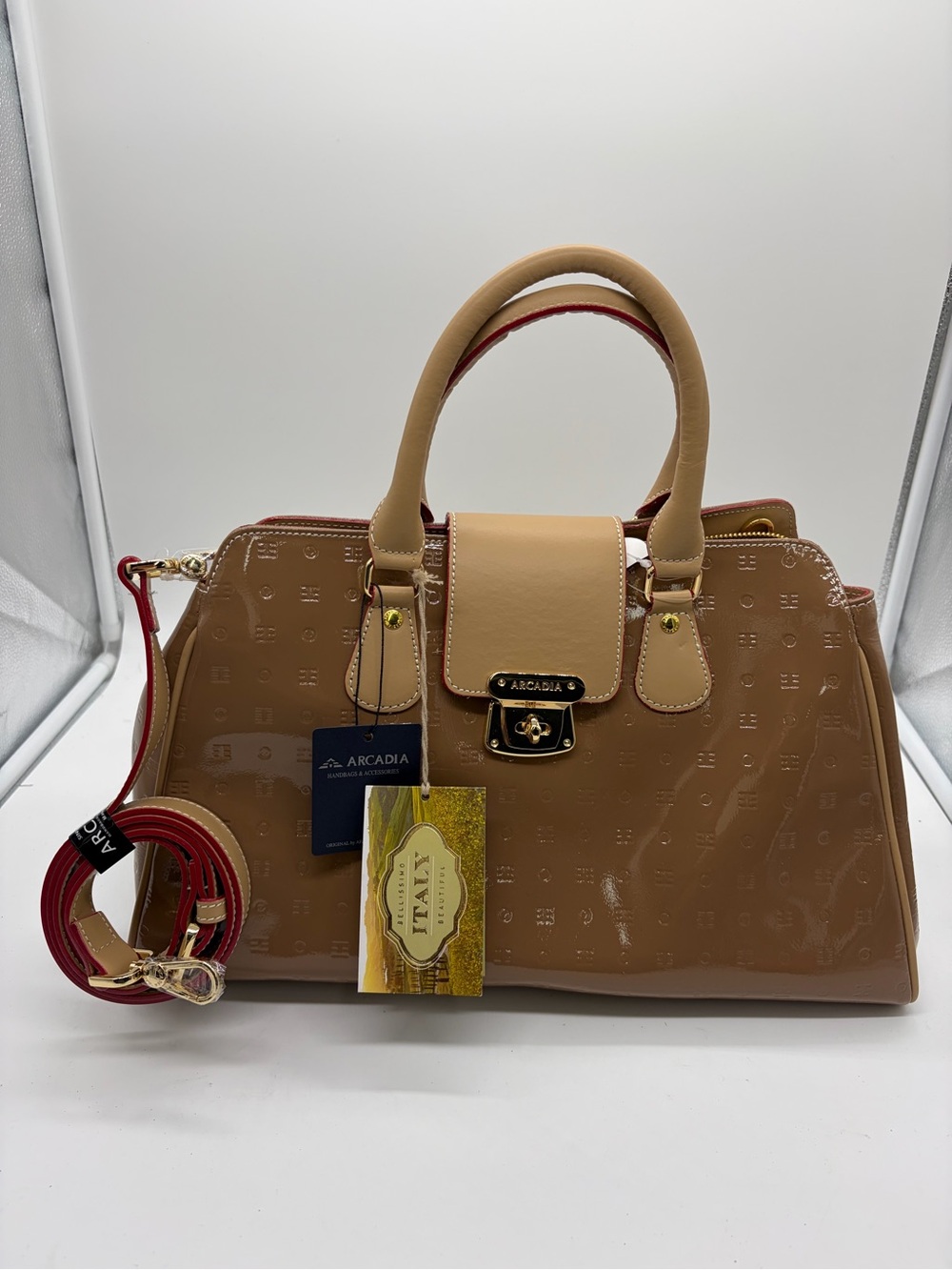 Arcadia Tan Patent Leather bag with Strap NWT Italy Purse Brown